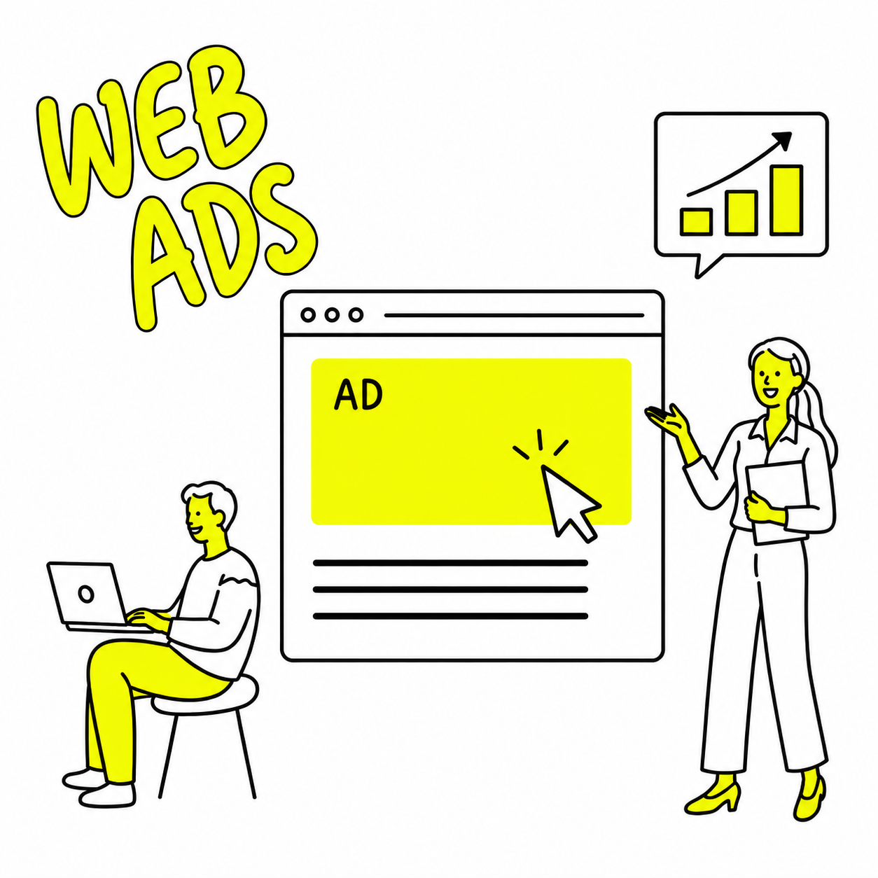 Web広告の制作・運用と成果改善を表すイラスト